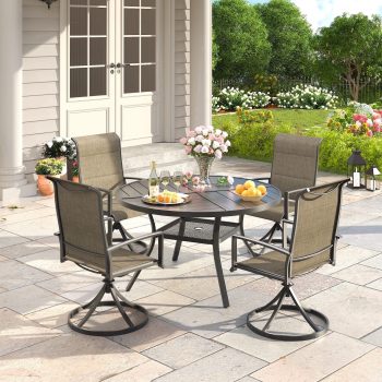 Vicllax 5-Piece Round Patio Dining Set, 41" Round Outdoor Table with Umbrella Hole and 4 Padded Swivel Chairs for Lawn, Garden, Black & Taupe