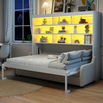 Harper & Bright Designs Size Murphy Bed with Folding Sofa, Wooden Cabinet Bed Wall Bed with Storage Shelves and LED Light, Folding Wall Chest Bed for Guest Room, Beige