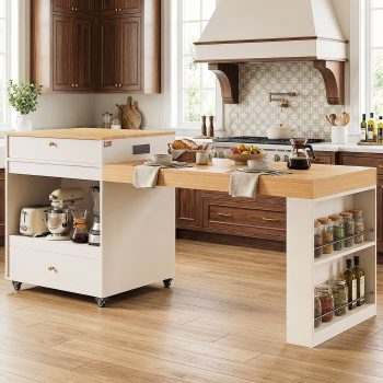 OMCHOM 80.7" Large Kitchen Island with Seating and Extendable Dining Table,Rolling Mobile Center Islands with Storage,Charging Station,2 Drawers 2 Side Open Shelves