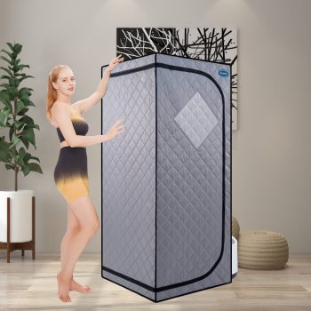Full Size Portable Grey Steam Sauna tentPersonal Home Spa, with Steam Generator, Remote Control, Foldable Chair, Timer and PVC Pipe Connector Easy to Install.Fast heating, with FCC