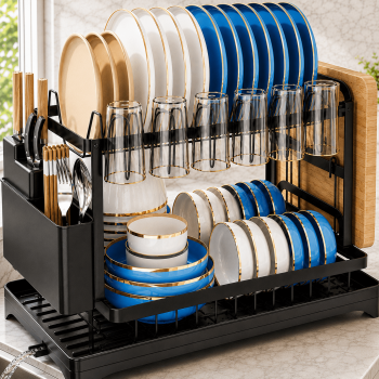 GAZILY® 2-Tier Dish Drying Rack for Kitchen Counter with Auto Drain Tray, Utensil Holder, Cup Rack and Cutting Board Holder, Black