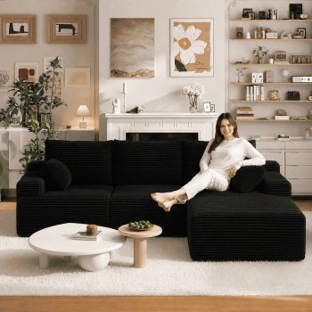 96.1" Boneless Cloud Couch, L-Shaped Modular Sectional Sofa with Reversible Chaise, Deep Seat Corduroy Sofa in a Box, No Assembly Required, Black