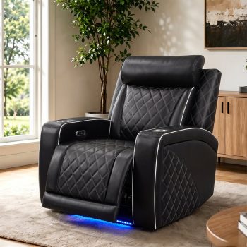 Aukfa Power Recliner RV Sofa with USB, Cup Holders & LED Lighting, Storage Arm, Home Theater Seating for Living Room, PU Leather