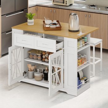 Uforic 47 Inch Storage Kitchen Island Island with Foldable Drop Leaf & Power Outlet, Spice Rack, 2 Upholstered Stools & Footrest for Kitchen Dining Room,White Oak