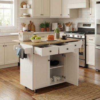 Homy Casa Rolling Kitchen Island Cart with Wood Top 3 Drawers & Cabinets, Mobile Storage for Kitchen