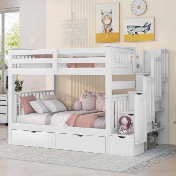 Bellemave Full Over Full Bunk Bed with Stairs and 6 Storage Drawers, Solid Wooden Detachable Bunk Bed Frame with Storage Shelves for Teens Adults ()