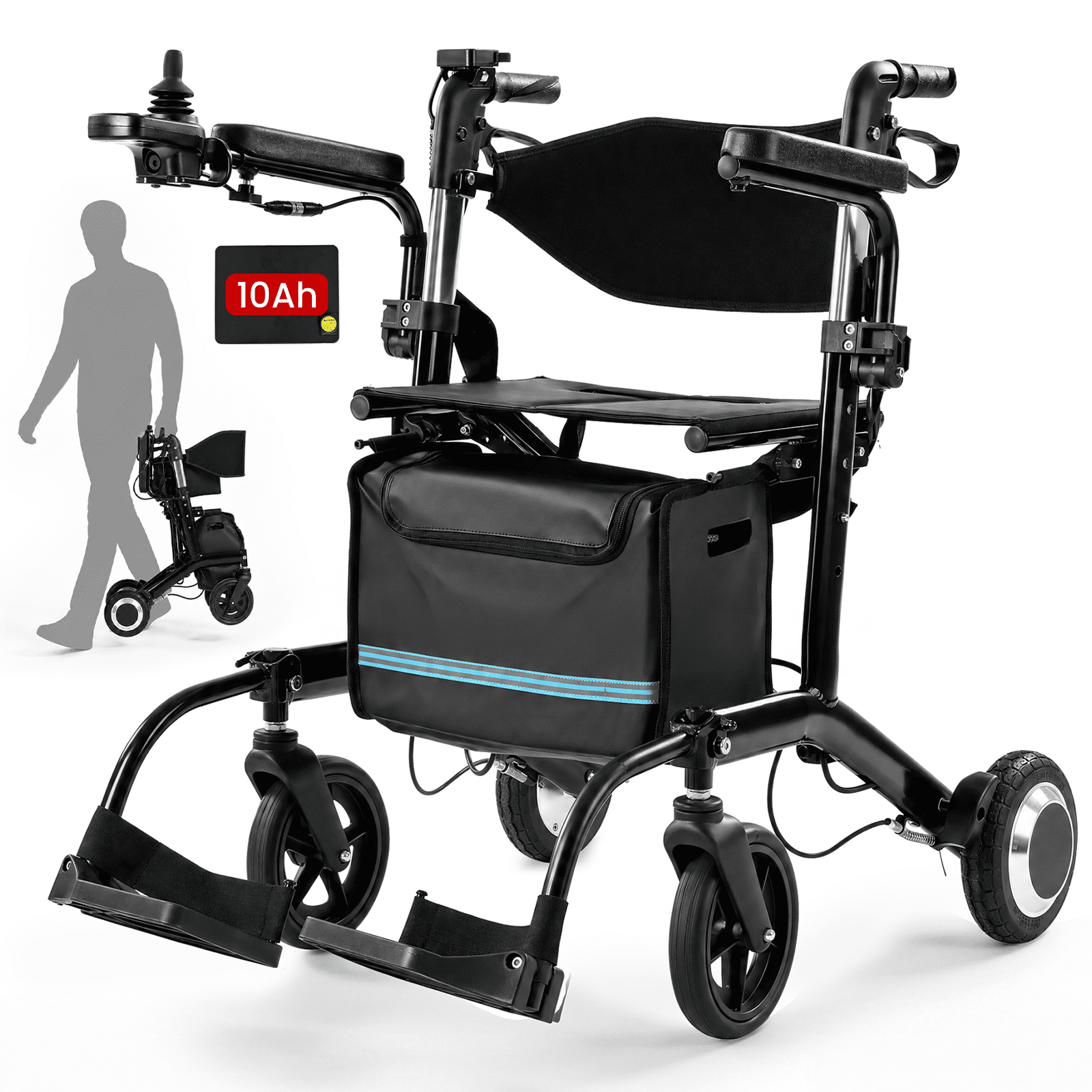 4 in 1 Wheelchair Rollator Walker Combo, 39lbs Lightweight Electric Wheelchair for Adults, Foldable All Terrain Electric Rollator Walker with Seat for Seniors, Dual 10Ah Batteries,Black