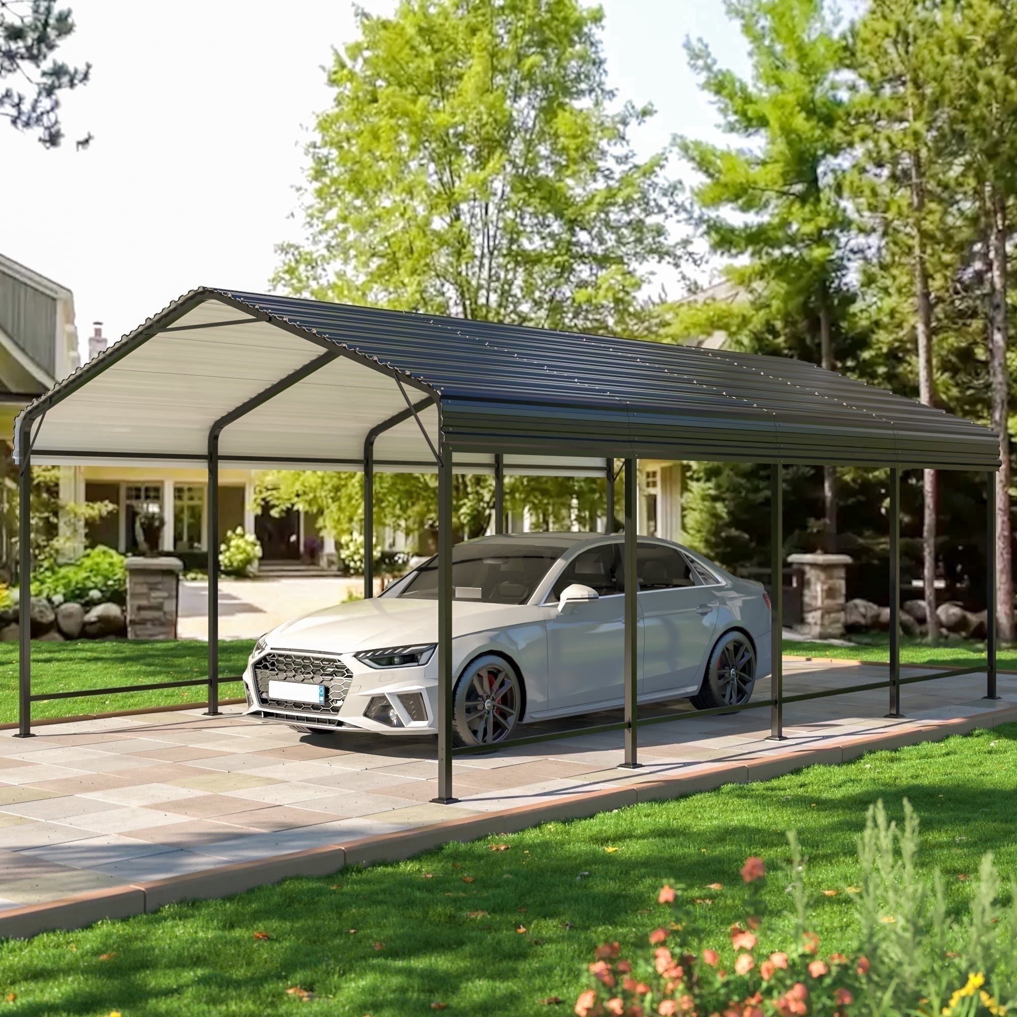 NETAJE 12x20 FT Heavy Duty Metal Carport, Outdoor Car Port Canopy with Galvanized Steel Roof & Reinforced Base, Outdoor Shelter for Trucks, Boats, Party