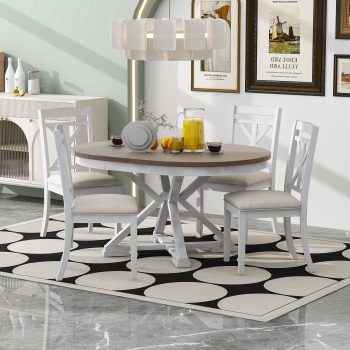 Harper & Bright Designs Farmhouse Extendable Round Dining Set for 4, Kitchen Dining Table Set with 4 Upholstered Dining Chairs for Dining Room, Brown + Antique White