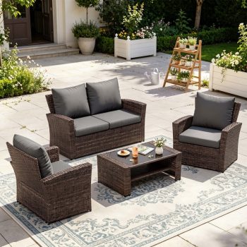 MRUAKA Wicker Patio Furniture Set, 4 Piece Outdoor Sectional Conversation Sets, Brown PE Rattan Patio Sofa Set for Backyard, Balcony, Deck, Porch
