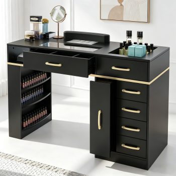 EVOKEDEN Manicure Nail Table w/Electric Dust Collector, Manicure Station with Wrist Cushion, Storage Cabinet & Drawers, Shelves, for Salon & Home