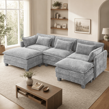 CHITOOMA 111" Modular Sectional Sofa with 2 Movable Ottomans, U-Shaped Oversized 3-Seat Chenille Cloud Sofa with 5 Pillows for Living Room