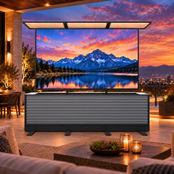 Intellicube 115" Dual Motion Outdoor TV Lift Cabinet, Motorized Split Design TV Stand with Eye-Level Viewing, Hidden TV Storage, Metallic Gray