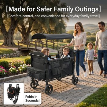 4 Seater Wagon Stroller, Foldable Steel Frame All-Terrain Kids Wagon with Removable Canopy, 5-Point Harness for Family Outdoor Camping Trips, Black