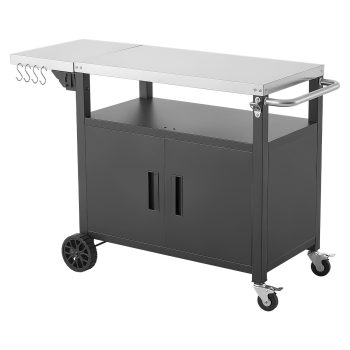 KFFKFF Outdoor Grill Cart with Storage Cabinet, 48.9-Inch Movable Prep Station with Stainless Steel Top, Shelves, and Wheels, Weather-Resistant Kitchen Island for Patio, Backyard, and BBQ Use