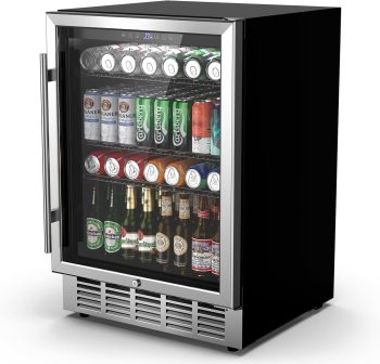 24 Inch Beverage Refrigerator & Cooler Under Counter with Safty Lock, Outdoor Patio Fridge for Drinks, Soda, Beer, Wine, 37~65°F Adjustable Temperature & Memory, Built-in/Freestanding