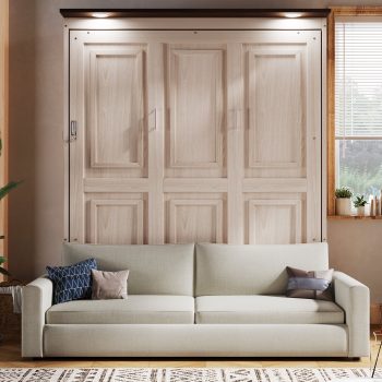 Euroco Wood Queen Size Murphy Bed, Convertible Wall Bed with Sofa and LED Light, Beige