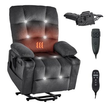 VEVOR Power Lift Recliner Chair, Dual Motor, Large Electric Lift Chair with Heat and Massage for Elderly, Infinite Position Adjustment, Velvet Fabric, with Storage Pockets, Cup Holders, Dark