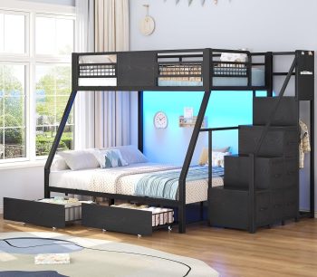 Afuhokles Twin Over Full Bunk Bed with Stairs, Storage Drawers and LED Lighting, Black
