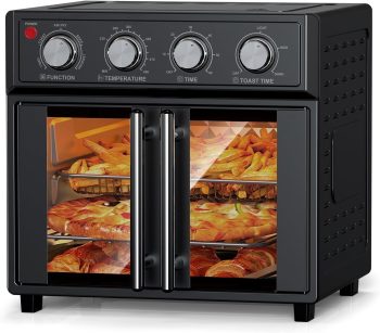 PlumChef 26QT Large capacity French Double-Door Air Fryer Convection Toaster Oven, 1700W, 7 Preset Menus, 7-in-1 Multi-Function for Bake, Roast, Grill, Toast, Dehydrate Defrost, Stainless Steel,Black