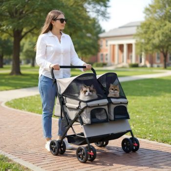 Choco Moon Foldable Double Pet Stroller with Adjustable Sunshade and Storage Basket, Pet Carrier with Wheels, Pet Gear Stroller