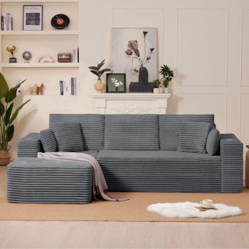 102" L-Shaped Modular Sectional Sofa with Chaise and 4 Throw Pillows, 3 Seater Comfy Corduroy Fluffy Couch,Boneless Couch with Deep Seat and 2 Cup Holders for Living Room,Apartment,Office,No Assembly