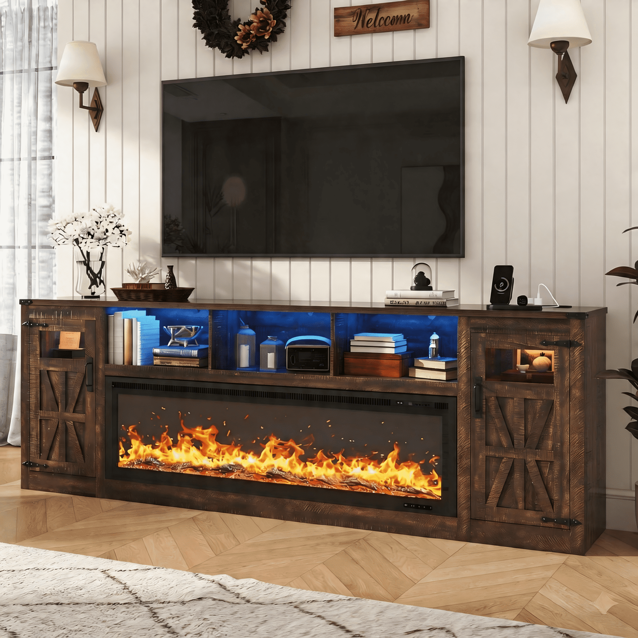 ChVans 95" Farmhouse Fireplace TV Stand for 90/100"TV with 60'' Electric Fireplace, LED Large Entertainment Center with Lights & Power Outlets & 2 Barn Doors Storage Cabinet for Living Room