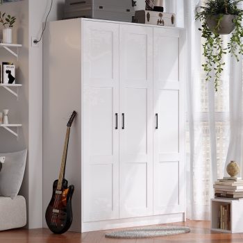 Wooden Wardrobe Closet Armoire, White Storage Cabinet for Hanging Clothes, Bedroom Large Capacity Freestanding Armoire,Wood Wardrobe Combination with Shelves