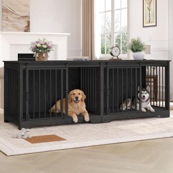 Hzuaneri 78" Large Double Dog Crate Furniture, Indoor Dog Kennel Furniture for 2 Dogs with Divider, Dual Sliding Barn Doors, Heavy Duty Dog Cage Furniture as TV Stand