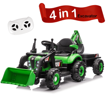 24V Kids Ride on Excavator Digger Toy Cars, Ride on Construction Toy w/4-in-1 Construction Attachments (Excavator, Dump Truck & Bulldozer), Electric Tractor Car w/Remote Control, Swivel Seat