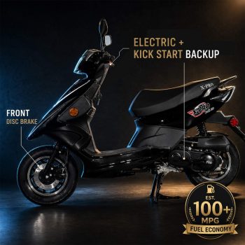 X-Pro Bali 50 Gas Moped 4‑Stroke 49.5cc Moped Scooter with Electric & Kick Start, CVT Transmission, 10" DOT Wheels, LED Headlight, Under‑Seat Storage (Blue)
