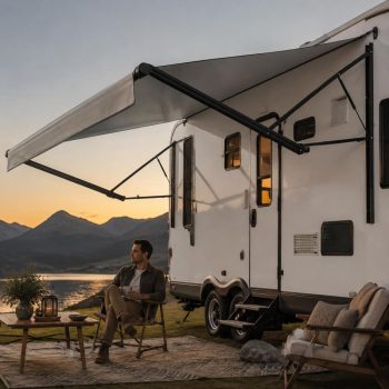 Electric Retractable RV Awning, 15.06Ft, Aluminum Alloy Frame, Waterproof Fabric, DC 12V, Gradient Black, for Camping Travel Trailer Shade