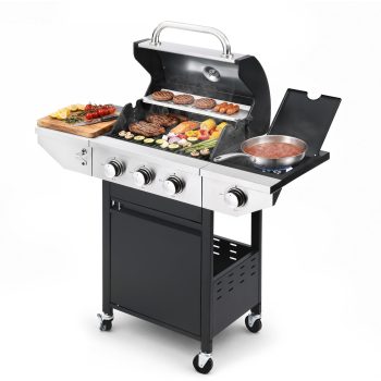 Segmart 3 Burner Propane Gas Grill with Side Burner, 37,000 BTU Outdoor Cooking BBQ Grill with Porcelain-Enameled Cast Iron Grates, Equipped with Temperature, Tool Hooks, and Bottle Opener