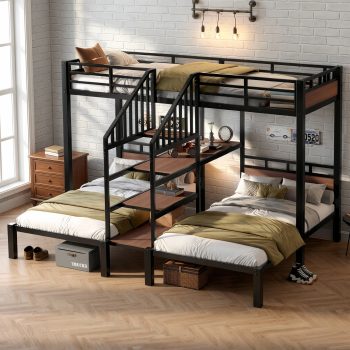 Triple Bunk Bed, Kids/Teens Metal Bed Frame with Multi-functional Storage Stairs, Accent Two-Tone Platform Bed