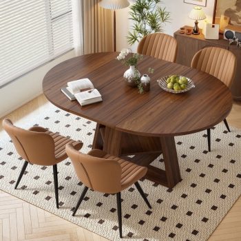 Hawsaiy Extendable Round to Oval Dining Table Set for 4–6, Space-Saving Wooden Table with Hidden Storage, Expandable Dining Table with Upholstered Chairs(+4 Chairs)