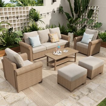 Sophia & William 6 Pieces Wicker Patio Furniture Set 7-Seat Outdoor Cushioned Conversation Set with Coffe Table
