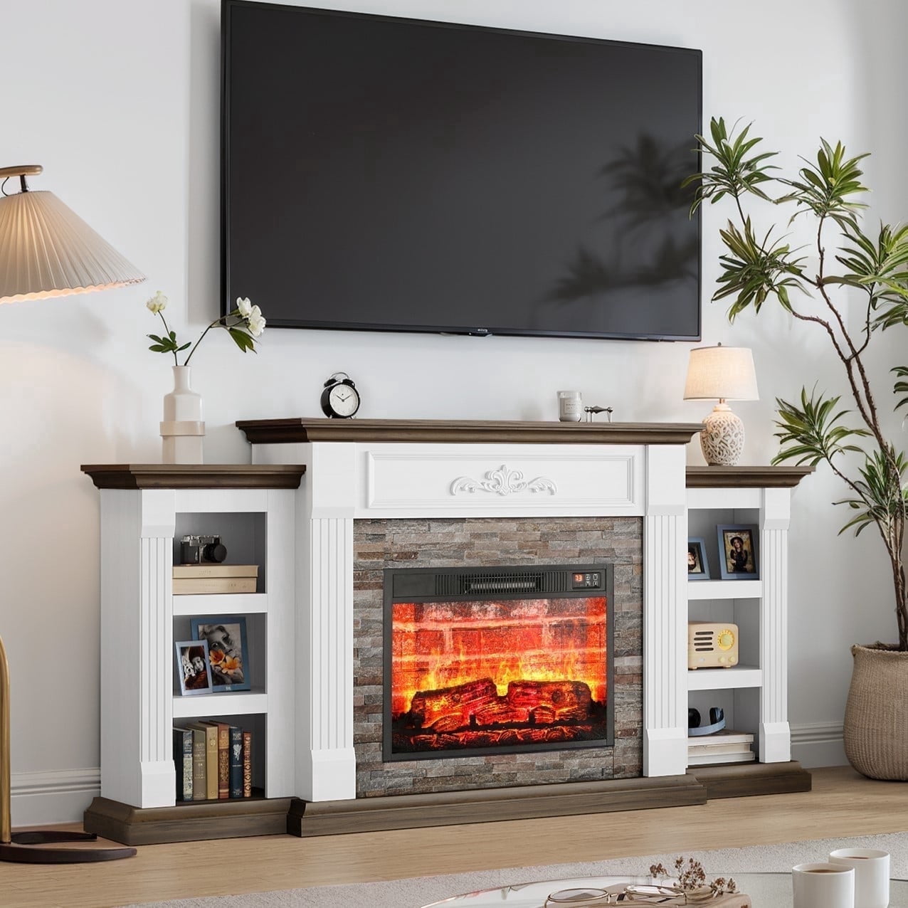 LGHM 72" Fireplace TV Stand for 75 inch 80 inch TV, Electric Fireplace with Mantel, Farmhouse Television Stands with 23" Electric Fireplace, White Brown