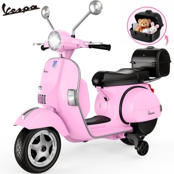 Vespa Officially Licensed 12V Kids Ride On Motorcycle, Dual 100W Motors Electric Scooter with Training Wheels, PU Seat, Storage Trunk, Music & LED Lights, Ages 3-6