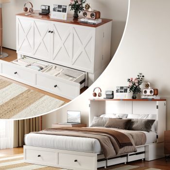 Mjkone Murphy Chest Bed, Size Cabinet Bed with Storage Drawers and USB Charging Station,Folding Chest Bed with Mattress for Living Room/Bedroom,White