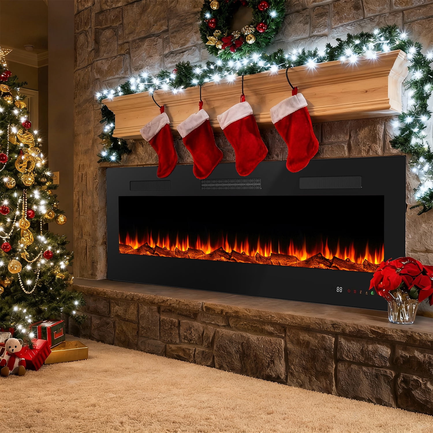 Electric Fireplace, 42 inch Recessed Wall Mounted Heater with Remote Control Timer, Adjustable 13 LED Flame for Living Room and Bedroom