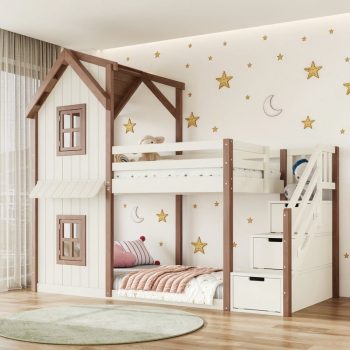 Kids House Bed Frame with Storage Stairs & Bottom Floor Bed, Playhouse Bunk Bed with Roof & Window
