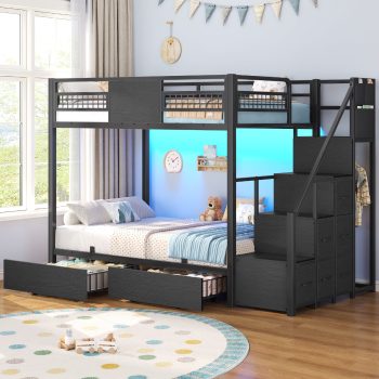 Plonmago Bunk Bed Twin Over Twin with LED LightsStorageGuardrail & Stairs, Twin Bunk Bed with 8 Storage Drawers, Metal Twin Loft Beds,Space Saving, Sturdy Frame
