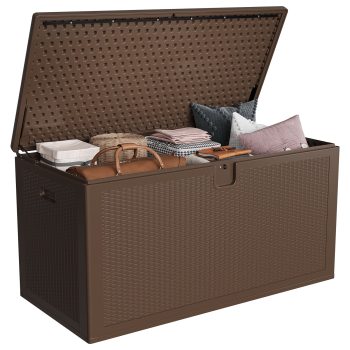 Kicctian 150 Gallon Deck Box Outdoor Storage, Lockable Lid, Large Capacity for Patio, Garden, Yard, Pool, Cushions & Tools, Brown
