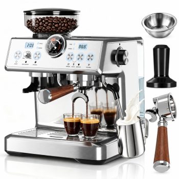 Friwest Espresso Machine with Grinder, 20 Bar Semi-Automatic Coffee Maker with Dual Boiler, 58mm Portafilter, PID Temperature Control, Steam Wand & 2.5L Water Tank, Stainless Steel