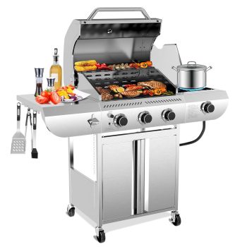 LHRIVER Stainless Steel BBQ Grill, Burner Propane Gas Grill with Side Burner for Outdoor Cooking Patio Backyard