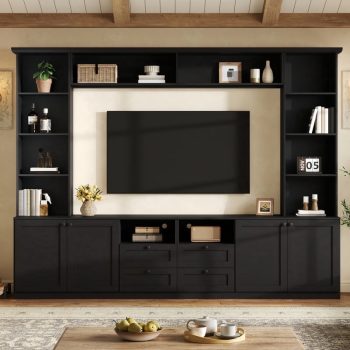 Atumcto Farmhouse Entertainment Center Wall Unit for TVs up to 70", TV Stand with Bridge, 4 Drawers and Adjustable Shelves for Living Room