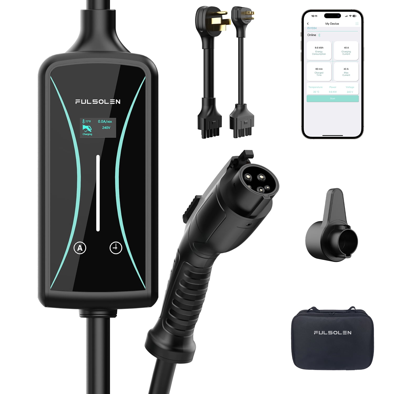 Fulsolen Level 2 EV Charger 32Amp/7.6kW/240V Electric Vehicle Charging Station with NEMA 5-15 and NEMA 14-50 Outlet