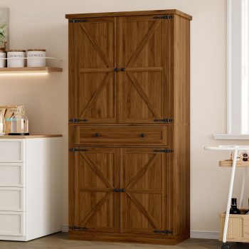 FANRAL 70” Tall Pantry Organizers and Storage Cabinet with Barn Doors & Drawers,Adjustable Shelf,Tall Pantry for Kitchen Dining Room Living Room Bedroom,Walnut Pantry Cabinet