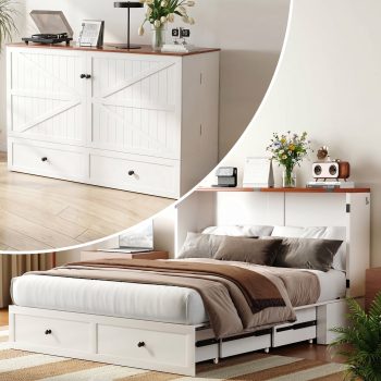 Puremind Size Murphy Bed with Mattress, Murphy Cabinet Bed with Storage Drawer and Charging Ports for Bedroom/Office/Guest Room, White
