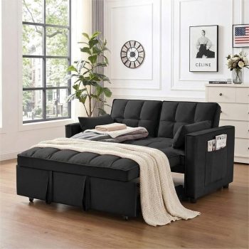 ShiKeyi 3 in 1 Convertible Sleeper Futon Sofa Bed, 55" Pull Out Sofa Bed with Storage Pocket/Side Pocket/2 Pillows for Living Room